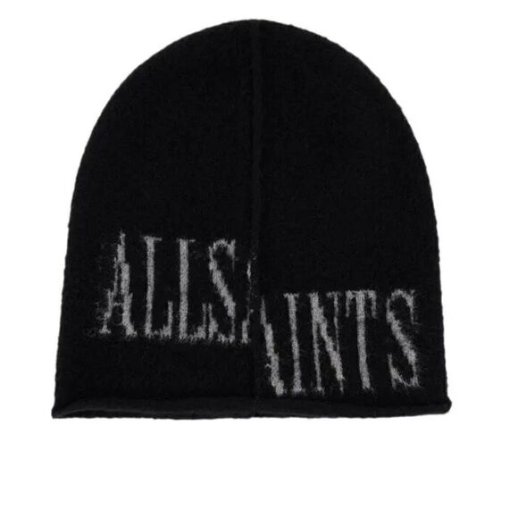 NWT ALLSAINTS KNIT DROP LOGO BEANIE HAT UNISEX OS BLACK WITH GRAY LOGO - Picture 6 of 6